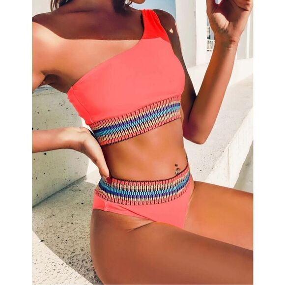 Shein High Waist Coral Orange Tribal Waist Cheeky Swim Bottom MEDIUM Beach - Picture 5 of 9